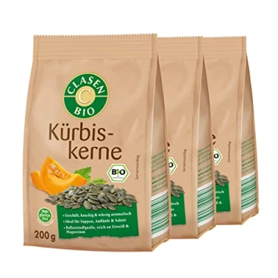 Abbildung von 3x CLASEN BIO Kürbiskerne geschält, ideal als Snacks und zum Verfeinern 200 g