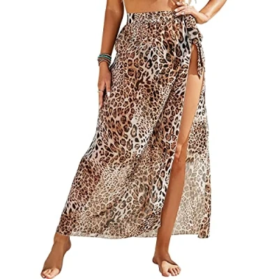 Abbildung von Damen Sarong Pareo für Strandurlaub, Lange Strandkleid Sommer Bikini Cover Up Chiffon Badeanzug Wickelrock Strand Rock Frauen Mädchen Side Strappy Strandrock Wear (Leopardenmuster)