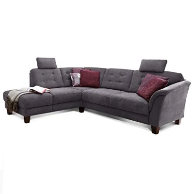 Abbildung von Cavadore Ecksofa Trond mit Ottomane links / Federkern Sofa im Landhausstil 2 Kopfstützen und Vorziehsitz Bettkasten 260 x 89 214 Webstoff grau