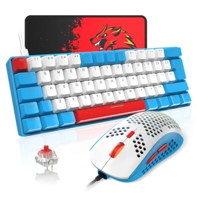 Abbildung von T60 Mini 60% Mechanische Tastatur Maus Sets, Kompakt 62 Tasten, Typ C Wired, 19 Hintergrundbeleuchtung Gaming + 6400 DPI RGB Mauspad, UK Layout für PC,Laptop Blau/Rot Schalter