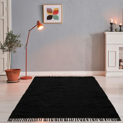 Abbildung von THEKO Dhurry Teppich aus 100% Baumwolle Flachgewebe Happy Cotton handgewebt Farbe: Schwarz 90x160 cm