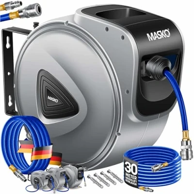 Abbildung von MASKO® 30m Druckluftschlauch Aufroller automatisch 1/4&quot; Anschluss Schlauchtrommel Wandschlauchhalter Schlauchaufroller trommel Grau