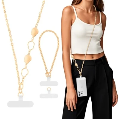 Abbildung von MoKo Handykette Universal, Verstellbar Schlüsselband mit Handschlaufe, Handyband Handy Lanyard für iPhone, Samsung &amp; meisten Smartphones, Umhängebandx1, Handschlaufex1, Patchx2, Gold