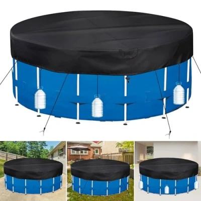 Abbildung von PATWING Wetterfeste Poolabdeckung Rund Ø 564 für Ø500 549cm Pools, UV resistente Poolplane INTEX &amp; BESTWAY mit Kordelzug und Bodennägeln zur Sicherung von Pool Abdeckplane