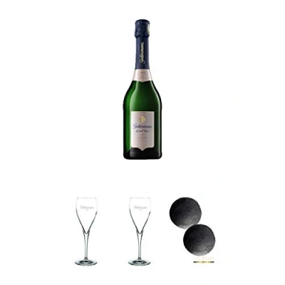 Abbildung von Geldermann Les Grand ROSE Flaschengärung Trocken Deutschland 0,75 Liter + Gläser 1 Stück Schiefer Glasuntersetzer RUND ca. 2 x 9,5 cm Durchmesser