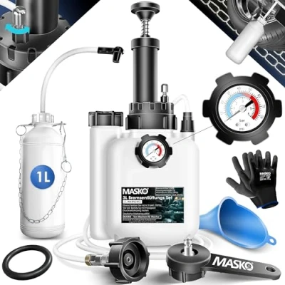 Abbildung von MASKO® Bremsenentlüftungsgerät Auto Bremsentlüfter KFZ Bremsflüssigkeits Wechselgerät 3L für Scheibenbremsen &amp; Trommelbremsen mit Handpumpe 1L Absaugbehälter E20, Adapter, Schlauch Zubehör