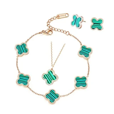 Abbildung von TOFBS Vierblättriges Kleeblatt Schmuckset für Damen und Mädchen 18K Roségold Plattiert Edelstahl Zweiseitig Grün Schwarz Anhänger Halskette Ohrstecker Armband Emaille Schmuck Set (Grün)