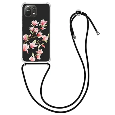 Abbildung von kwmobile Necklace Case kompatibel mit Xiaomi 11 Lite (5G) NE/Mi Hülle Silikon Cover Handykette Rosa Weiß Transparent Magnolien