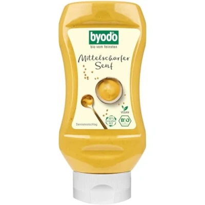 Abbildung von Bio Mittelscharfer Senf 300ml Byodo Vegan &amp; Vegetarisch, Deutsche Senfsaat, Kein Zuckerzusatz, Cremig Vielseitig, Ideal für Dressings Marinaden, Praktische Squeeze Flasche