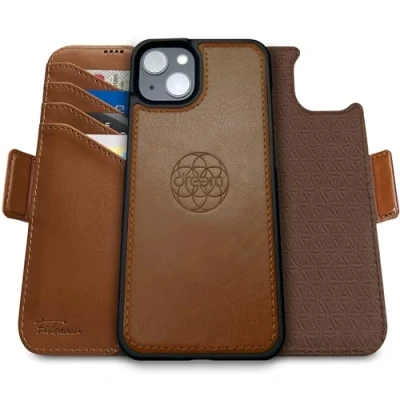 Abbildung von Dreem Fibonacci kompatibel mit iPhone 15 Brieftaschen Etui / 2 in 1 stoßfestes und abnehmbares Folio aus veganem Leder, MagSafe kompatibel, RFID Schutz [Schokolade]