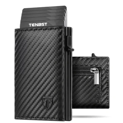 Abbildung von TENBST Geldbörse Herren, Slim Wallet mit Münzfach, Kartenetui RFID Schutz, Portmonee Geldbeutel Kreditkartenetui Klein with Gift Box (Carbon Schwarz)