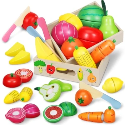 Abbildung von Pourbibi Kinderküche Spielküche Zubehör Holz, Küchenspielzeug Schneiden Obst Gemüse Lebensmittel ab 2 Jahr, Küchenzubehör Kinder, Lernspielzeug Rollenspiele Pädagogisches Spielzeug Geschenk