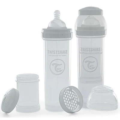Abbildung von Twistshake 2x Anti Kolik Babyflaschen mit Milchpulverbehälter und Mixer 330ml Schnell fließender Silikon Sauger BPA freie Babymilchflasche 4+ Monate Weiß