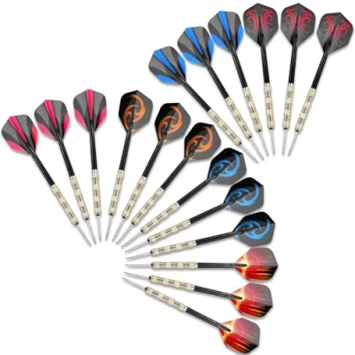 Abbildung von WinGluge 18 Stück Dartpfeile mit Metallspitze, 14 Gramm Steeldarts Profi, Steel Darts Set, Steeldart Pfeile, 6 Motive Dart Flight, Multi Purpose Tool, für Anfänger Und Hobbyisten