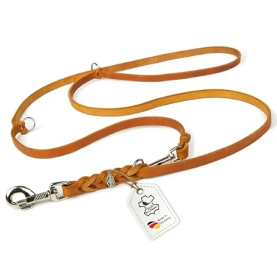 Abbildung von CopcoPet Hundeleine aus Fettleder 3m x 8mm Cognac 3 Fach verstellbar, geflochten Mit Chrombeschlägen Grifffest, robust Umhängeleine für kleine Hunde, ideal Spaziergang, Training