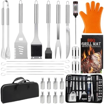 Abbildung von 28 teilige Edelstahl Grillzubehör Set, Umfassendes Grillbesteck für das Grillen im Freien, Camping, Grillset Grillgeschenke Männer zu Vatertag, Geburtstagen und Weihnachten mit Aufbewahrungskoffer