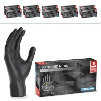 Abbildung von 1000 Stück (10x100) ARNOMED Einweghandschuhe Schwarz, Einmalhandschuhe S, Nitril Handschuhe Einweg, Nitrilhandschuhe puderfrei, Gummihandschuhe Schutzhandschuhe in XS, M, L, XL, XXL