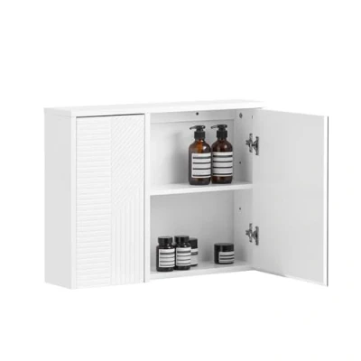 Abbildung von SoBuy Spiegelschrank mit Lamellentür Hängeschrank Spiegeltür Wandschrank Badschrank Badmöbel Spiegel Wandspiegel Badspiegel weiß BHT ca. 60x46x15cm BZR153 W