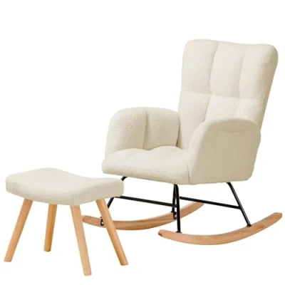 Abbildung von COMHOMA Schaukelstuhl, Relaxsessel mit Armlehnen, Ohrensessel aus Teddy Plüsch Schaukelsessel, bis 150 kg belastbar, sonnenliege gartenliege für Schlafzimmer, Wohnzimmer, Stilvolles Design weiß