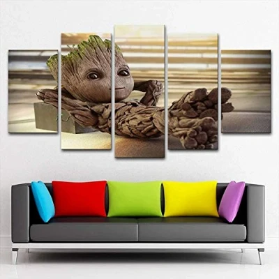 Abbildung von 5 Stück Drucke Auf Leinwand Gedruckt Malerei Wohnzimmer Wand Kunst Baby Groot Film Poster Bild XXL Wohnkultur Kreatives Geschenk (Gerahmt)