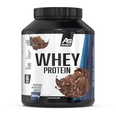 Abbildung von ALL STARS Whey Protein (2 kg, Chocolate) Cremiger Shake mit Isolat + Konzentrat hochwertiges Pulver ca. 22 g Eiweiß/Portion 2000