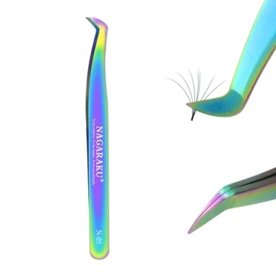 Abbildung von NAGARAKU Pinzette für Wimpernverlängerung Professionelle Präzisionspinzette Farbig gebogenes Volume Cluster Wimpern Einfach Fanning Vorgefertigte Lüfter Edelstahl Tweezer (N 05)