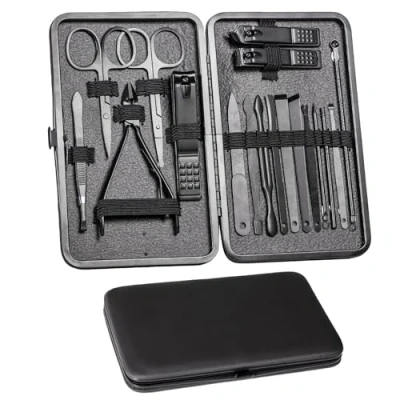 Abbildung von Maniküre set Männer 18 Stück Nagelpflegeset, Pediküre Pflegeset Nagelknipser Edelstahl Nagelset Kit Tragbarer für Reise (Schwarz)