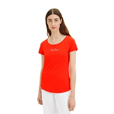 Abbildung von TOM TAILOR Damen 1036192 Basic T Shirt mit Schriftzug, 15612 Fever Red, XXS