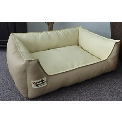 Abbildung von Hundebett Hundesofa Schlafplatz Kunstleder Similpelle Farbe und Größe wählbar von XS bis XXL (70 cm X 55 cm, beige Champagner)