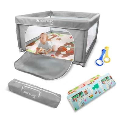 Abbildung von Mobiclinic®Kids, Laufstall Baby + Spielmatte, Faltbar, 125X125cm, Tragetasche, Atmungsaktives Netz, Happyland, Geruchloses und Waschbares Gewebe, Sicher, Laufstall, Seiteneingang