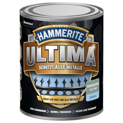 Abbildung von Hammerite Metallschutzlack Ultima glänzend Verkehrsgrau ral7042 750ml