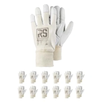 Abbildung von RS Soft TEC 9 Montage Handschuhe verstärktes Ziegenleder/Größe 9, 12 Paar/Weiß/Montagehandschuhe/Arbeitshandschuhe Leder Herren Damen robuste Lederhandschuhe Schutzhandschuhe