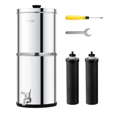 Abbildung von VEVOR Schwerkraft Wasserfiltersystem Edelstahl Arbeitsplattensystem 7 L + 8,5 Wasserfiltrationssystem, reduziert Blei und bis zu 99% Chlor, mit 2 Kohlefiltern &amp; Zapfhahn, Camping Wohnmobil Zuhause