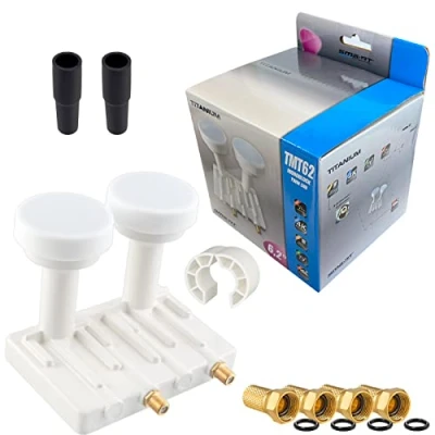Abbildung von Twin Monoblock LNB 0,1dB LNC HB DIGITAL Set 2 Teilnehmer Direkt Sat Astra 19,2 Hotbird 13 Full HD TV 3D Ultra 4K + 4 x F Stecker vergoldet GRATIS dazu 2X Gummitülle