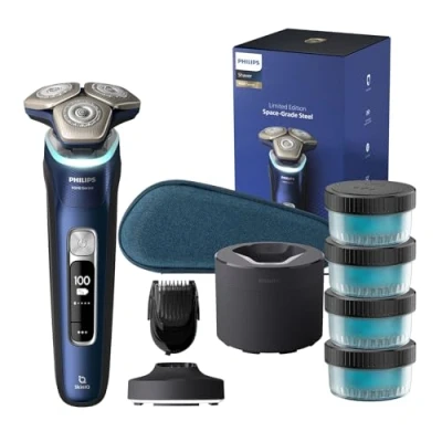 Abbildung von Philips Shaver Series 9000 Elektrischer Nass und Trockenrasierer für Männer in Blau mit Lift and Cut System, SkinIQ Technologie, ausklappbarem Trimmer, Ladestation Reisetasche (Modell S9980/74)