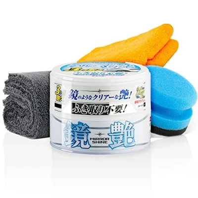 Abbildung von detailmate Soft99 Auto Versiegelungs Wachs Set für helle Lacke Mirror Shine Wax Light + Handpolierschwamm Applikator Mikrofaser Poliertuch 550GSM 40x40cm