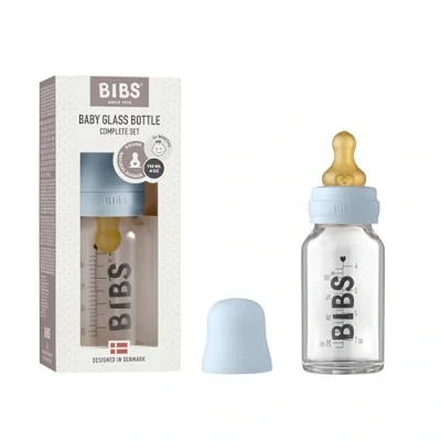 Abbildung von BIBS Baby Glass Bottle, Vermindert Koliken, Runder Sauger aus Naturkautschuklatex, Unterstützt das Stillen. Hergestellt in Dänemark, Complete Set 110 ml, Blue