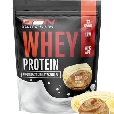 Abbildung von Whey Protein Pulver 1000 g (Peanut Butter Banana) mit Isolate Anteil Instant lösliches Eiweiss BCAA &amp; EAA German Elite Nutrition