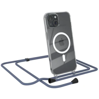 Abbildung von EAZY CASE Handykette kompatibel mit iPhone 15 Kette zum Umhängen Stoßfest Handyhülle für Silikon Hülle Band Handytasche Transparent als Fallschutz in Blau Clips Schwarz