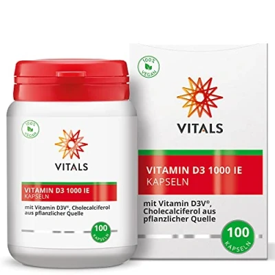 Abbildung von Vitals Vitamin D3, 1000 I.E. Cholecalciferol, 100 Kapseln. 100% Vegan und Hochdosiert. Wirksamste Form von D.