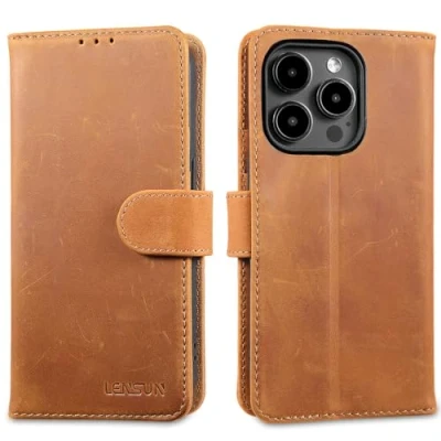 Abbildung von LENSUN Echtleder Hülle für iPhone 15 Pro, Handyhülle [Echtes Leder][Magnetverschluss][RFID] Handytasche Klappbar Lederhülle Pro 5G Vintage Braun