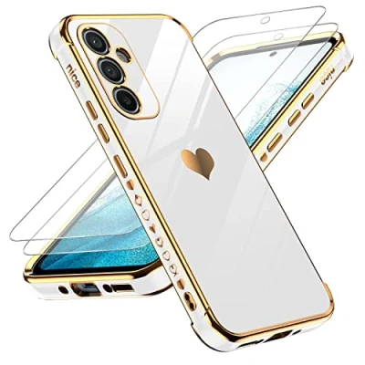 Abbildung von LeYi Hülle für Samsung Galaxy A54 5G Handyhülle mit 2 Stück Panzerfolie, Cute Herz Muster TPU Silikon Galvanik Schutzhülle Cover Case Mädchen, Kameraschutz und Bildschirmschutz, Weiß