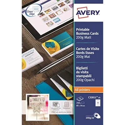 Abbildung von AVERY Zweckform C32011 25 Bedruckbare Visitenkarten, Glatte Kanten 85 x 54mm Weiß 250 St. Papierfor