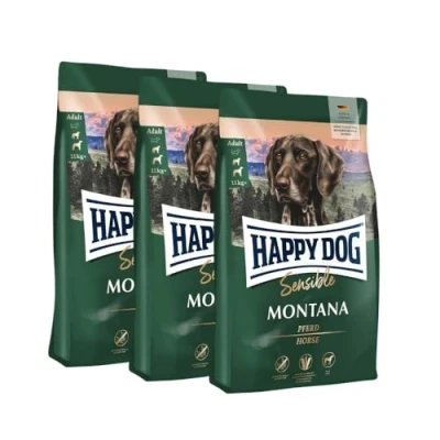 Abbildung von Happy Dog Sensible Montana M Trockenfutter, Hundefutter Geschmacksrichtung Pferd Glutenfrei, Getreidefrei, Monoprotein, Omega 3 und 6 3X 4kg
