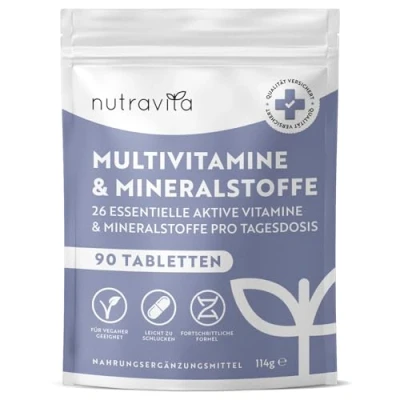 Abbildung von Multivitamin Hochdosiert 90 vegane Tabletten 26 wertvolle A Z Vitamine und Mineralien Multi Vitamin Komplex Unterstützt das Immunsystem laborgeprüft ohne Zusätze Nutravita