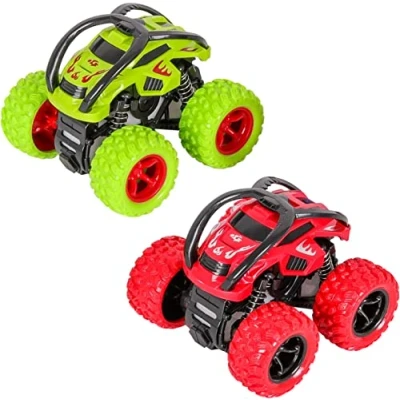 Abbildung von Monster Trucks Spielzeug, Zurückziehen Auto Trägheit Reibungsbetriebene Autos 360 Grad Rotierendes Geländewagen Spielzeugauto für 3 10 Jahre Alte Jungen Mädchen Kinder (2 Stück, Grün Rot)