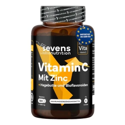 Abbildung von Vitamin C 1000 mg und Zink + Bioflavonoide Hagebutte 100% reine natürliche vegane 180 Tabletten Unterstützt das Immunsystem Reduziert Müdigkeit Ermüdung Antioxidativ Sev