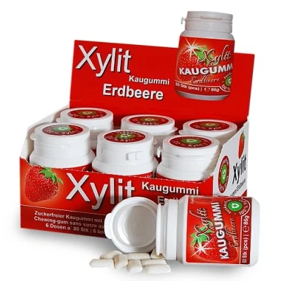 Abbildung von Xylitquelle Zahnpflegekaugummi ERDBEERE 6 x 80 Stk 100% Xylit für angenehmen Atem zuckerfrei, vegan, ohne Aspartam 480 Kaugummis (6er Pack)