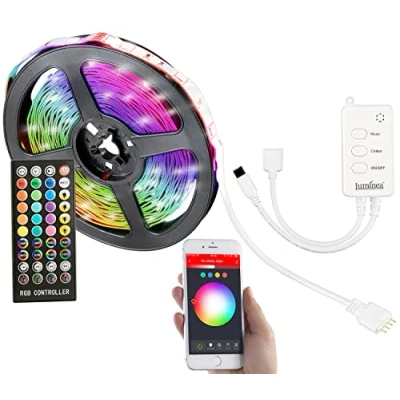 Abbildung von Luminea Home Control LED Lichtstreifen: WLAN RGB Streifen mit Sound Steuerung, App, Sprachsteuerung, 5 m (TV Hintergrundbeleuchtung, LEDband, Schrankbeleuchtung)