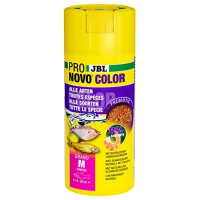 Abbildung von JBL PRONOVO COLOR GRANO CLICK, Farbfutter Granulat für alle Aquarienfische von 8 20 cm, Klickdosierer, Fischfutter Granulat, Größe M, 250 ml